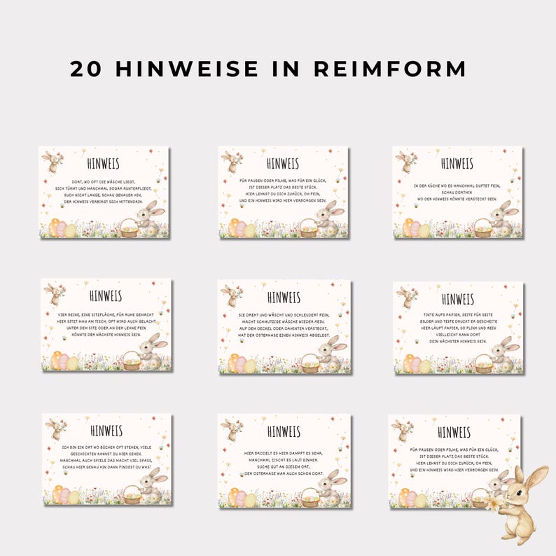 May include: Twenty illustrated cards featuring bunny rabbits and Easter eggs. Each card has a different rhyming clue for an Easter egg hunt. The cards are printed on white cardstock with a light blue background.