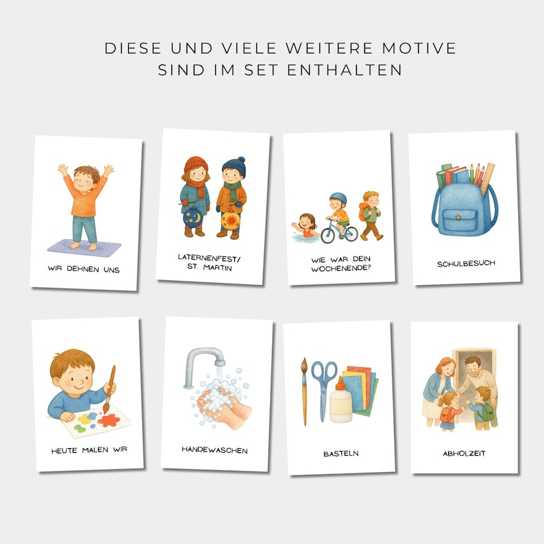 May include: A set of illustrated cards with various themes, including children stretching, a lantern festival, a weekend activity, school, painting, handwashing, crafting, and pickup time. Text in German is included.