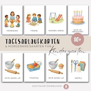 Può includere: Un set di carte illustrate con varie scene, tra cui bambini che giocano, un parco giochi e una torta di compleanno. Le carte, con testo in tedesco, sono progettate per un ambiente di scuola materna.