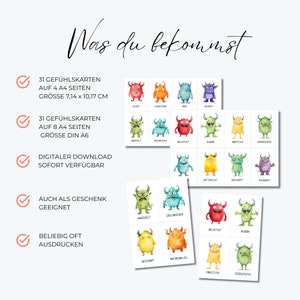 May include: A set of emotion cards featuring watercolor illustrations of colorful monsters. The cards are available as a digital download and can be printed multiple times. The text on the cards is in German and includes the phrase "Was du bekommst".