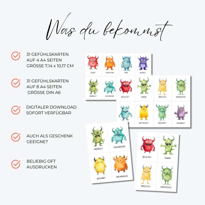 May include: A set of emotion cards featuring watercolor illustrations of colorful monsters. The cards are available as a digital download and can be printed multiple times. The text on the cards is in German and includes the phrase "Was du bekommst".