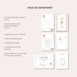 May include: A printable set of tooth fairy themed stationery, including a letter, envelope, milk tooth chart, certificate, and door sign. The stationery features a cute cartoon tooth fairy with pink wings and a pink dress.