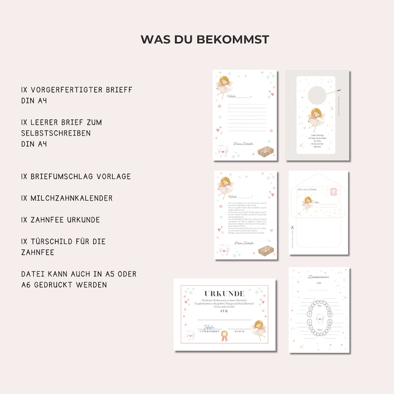 May include: A printable set of tooth fairy themed stationery, including a letter, envelope, milk tooth chart, certificate, and door sign. The stationery features a cute cartoon tooth fairy with pink wings and a pink dress.