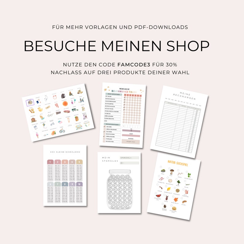May include: A collection of printable digital planner pages with illustrations of nature, stars, and a jar. The text on the pages includes "Meine Rechnungen", "Mein StarGlas", "Natur-S&uuml;ckspe", and "Ein Kleine Simpleine".