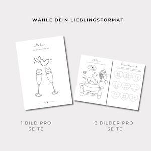 May include: Black and white line art illustrations of wedding-themed images. One shows champagne glasses and hearts, the other a car with a Just Married sign. Text reads "W&Auml;HLE DEIN LIEBLINGSFORMAT" and "1 BILD PRO SEITE".