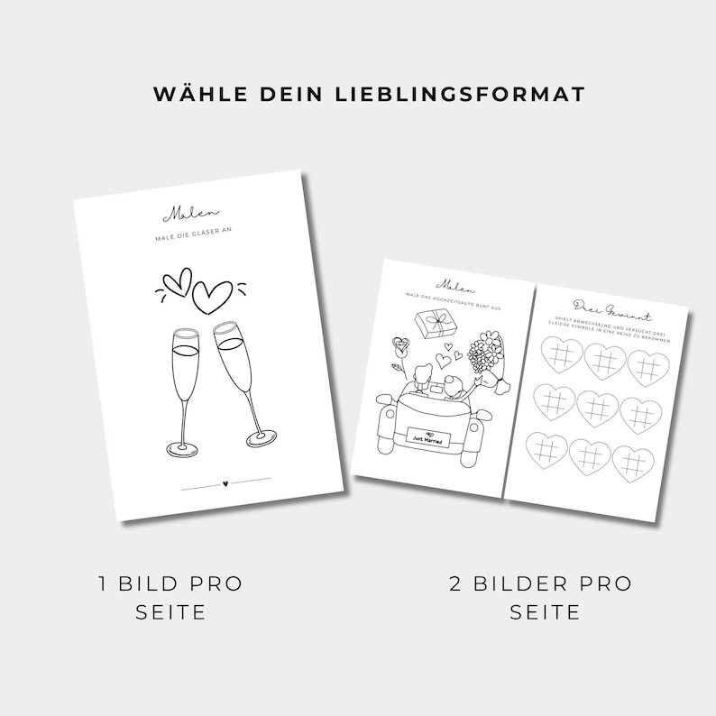May include: Black and white line art illustrations of wedding-themed images. One shows champagne glasses and hearts, the other a car with a Just Married sign. Text reads "W&Auml;HLE DEIN LIEBLINGSFORMAT" and "1 BILD PRO SEITE".