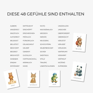 May include: A set of illustrated cards with various emotions in German. The cards feature watercolor images of animals like a ladybug, panda, bear, turtle, and lynx. The text "DIESE 48 GEF&Uuml;HLE SIND ENTHALTEN" is at the top.