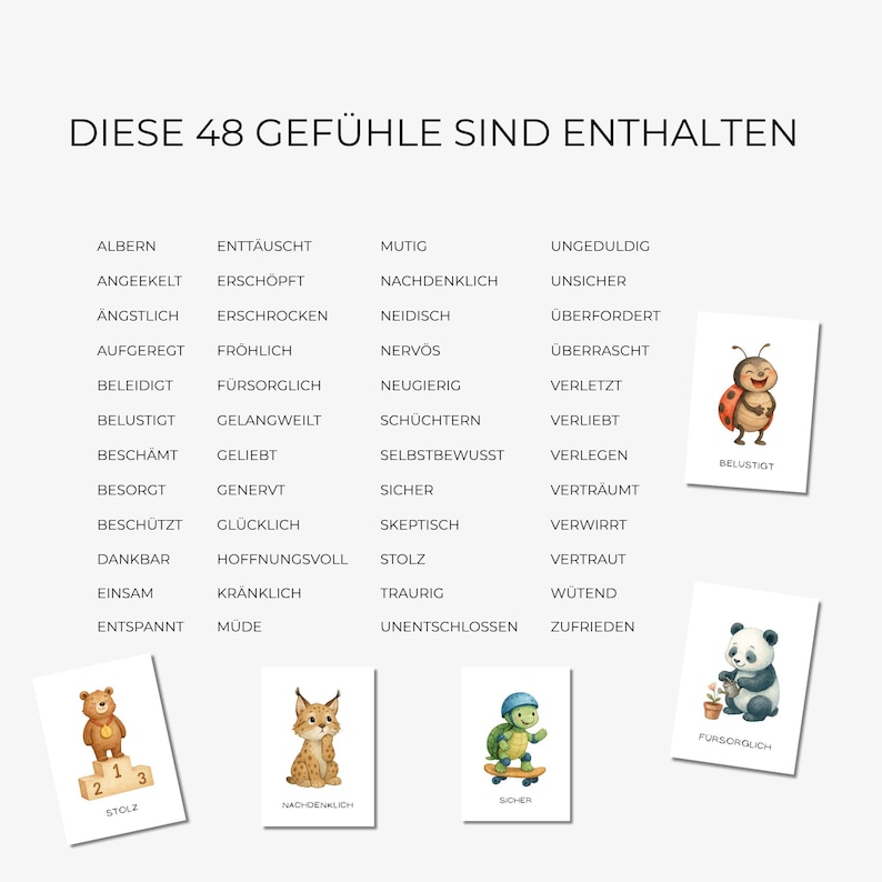 May include: A set of illustrated cards with various emotions in German. The cards feature watercolor images of animals like a ladybug, panda, bear, turtle, and lynx. The text "DIESE 48 GEF&Uuml;HLE SIND ENTHALTEN" is at the top.
