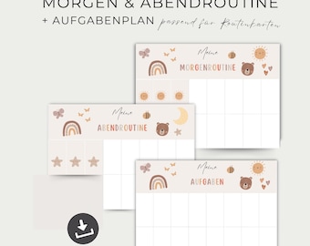 May include: Three printable charts with a light brown background and white grid lines. The charts are titled "My Morning Routine", "My Evening Routine", and "My Tasks". Each chart features a cute bear, rainbow, sun, moon, and stars.