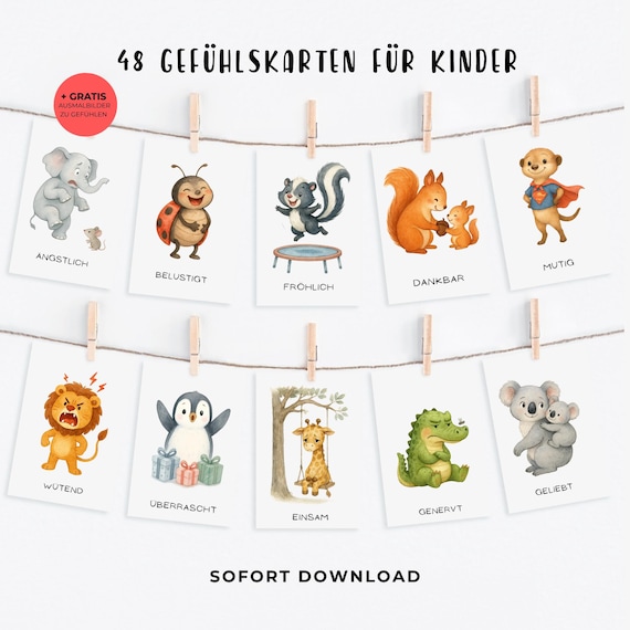 Gefühlskarten Kinder, Gefühle lernen Montessori, Lernkarten Emotionen PDF zum Ausdrucken, Emotionale Intelligenz fördern, Digitaler Download