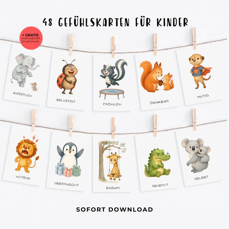 May include: A set of 12 cards with animal illustrations and German words for emotions. The cards are suspended from a string with wooden clips. The top text reads "48 GEF&Uuml;HLSKARTEN F&Uuml;R KINDER". The bottom text reads "SOFORT DOWNLOAD".