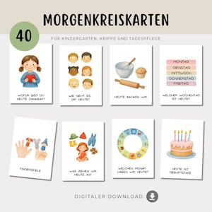 Può includere: Un set di 40 schede didattiche con illustrazioni ad acquerello. Le schede presentano vari temi, tra cui emozioni, cottura al forno, giorni della settimana, burattini a dito, abbigliamento, mesi e compleanni. Il testo in tedesco è incluso.
