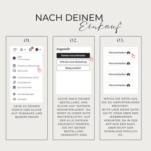 May include: A step-by-step guide with text in German on how to download files after purchase. The guide includes screenshots of the Etsy platform, with instructions on navigating to the downloads section.