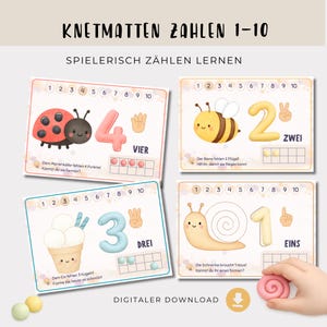 Könnte beinhalten: Digitaler Download mit vier farbenfrohen Zahlenlernmatten. Jede Matte zeigt eine Zahl von eins bis vier mit entsprechenden Illustrationen einer Schnecke, Eiscreme, Biene und eines Marienkäfers. Die Matten enthalten die Zahlen auf Deutsch und eine Zählaktivität.