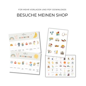 K&ouml;nnte beinhalten: Mehrere illustrierte Tafeln mit den deutschen Texten "ABENDROUTINE" und "MORGENROUTINE". Die Tafeln zeigen farbenfrohe Illustrationen von t&auml;glichen Aktivit&auml;ten, darunter ein Regenbogen, Mond, Sonne und verschiedene Objekte.
