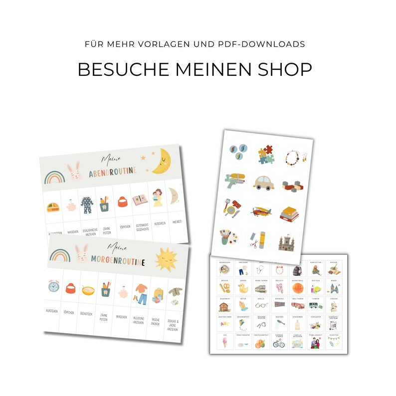 K&ouml;nnte beinhalten: Mehrere illustrierte Tafeln mit den deutschen Texten "ABENDROUTINE" und "MORGENROUTINE". Die Tafeln zeigen farbenfrohe Illustrationen von t&auml;glichen Aktivit&auml;ten, darunter ein Regenbogen, Mond, Sonne und verschiedene Objekte.