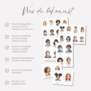 May include: A set of 35 printable emotion cards featuring watercolour illustrations of children's faces expressing different emotions. The cards are available in three sizes: 5 pages of 18.1 cm x 25.8 cm, 9 pages of 21.6 cm x 27.9 cm, and 18 pages of 21.6 cm x 27.9 cm. The cards are perfect for teaching children about emotions and helping them to identify and express their own feelings.