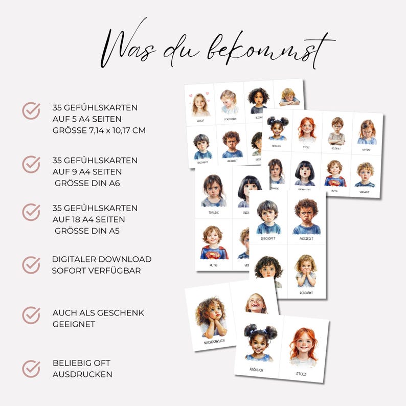 May include: A set of 35 printable emotion cards featuring watercolour illustrations of children's faces expressing different emotions. The cards are available in three sizes: 5 pages of 18.1 cm x 25.8 cm, 9 pages of 21.6 cm x 27.9 cm, and 18 pages of 21.6 cm x 27.9 cm. The cards are perfect for teaching children about emotions and helping them to identify and express their own feelings.
