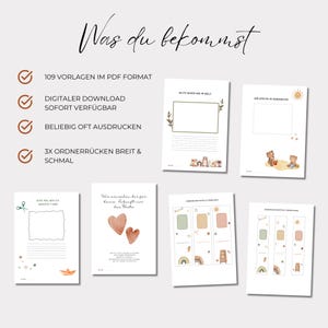 May include: A digital download of 109 printable templates in PDF format. The templates feature a variety of designs, including a cute bear, a rainbow, and a heart. The text "Was du bekommst" is visible at the top of the image. The text "109 Vorlagen im PDF Format" is visible in the top left corner of the image. The text "Digitaler Download Sofort Verf&uuml;gbar" is visible in the top left corner of the image. The text "Beliebig oft Ausdrucken" is visible in the top left corner of the image. The text "3x Ordnerr&uuml;cken Breit & Schmal" is visible in the top left corner of the image.