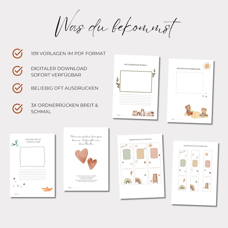 May include: A digital download of 109 printable templates in PDF format. The templates feature a variety of designs, including a cute bear, a rainbow, and a heart. The text "Was du bekommst" is visible at the top of the image. The text "109 Vorlagen im PDF Format" is visible in the top left corner of the image. The text "Digitaler Download Sofort Verf&uuml;gbar" is visible in the top left corner of the image. The text "Beliebig oft Ausdrucken" is visible in the top left corner of the image. The text "3x Ordnerr&uuml;cken Breit & Schmal" is visible in the top left corner of the image.