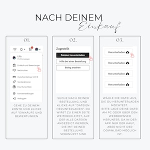 May include: A graphic with instructions on how to download files after purchase. The text reads "NACH DEINEM Einkauf" at the top. The steps include going to your account, clicking on "Purchases and Reviews", and downloading files.