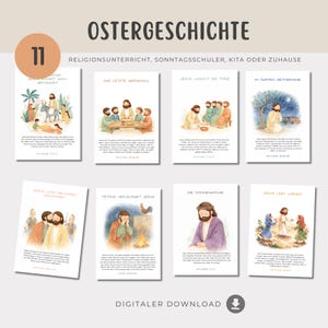 May include: A set of eight illustrated cards with the title "OSTERGESCHICHTE" and the number "11". Each card features a different scene from the Easter story, with text in German. The cards are designed for religious education.