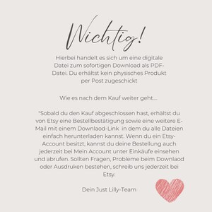 Puede incluir: Un gr&aacute;fico de coraz&oacute;n rosa con el texto "Wichtig!" en negro. El texto que aparece debajo explica que la compra es una descarga digital y no un producto f&iacute;sico. El texto tambi&eacute;n explica c&oacute;mo descargar el archivo digital despu&eacute;s de la compra.