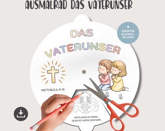 Ausmalrad Vaterunser Kinder, christliche Bastelvorlage druckbar, für Sonntagsschule und Kindergottesdienst & Religionsunterricht