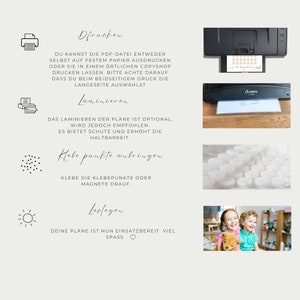 May include: Instructions for creating a play mat, including printing, laminating, and adding adhesive dots. The image shows a printer, a laminator, a bag of adhesive dots, and two children playing with a play mat.