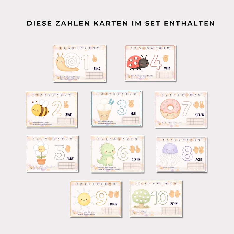 May include: A set of ten educational number cards featuring illustrations of a snail, bee, ice cream, ladybug, flower, dinosaur, donut, jellyfish, sun, and tree. Each card displays a large numeral, a number line, hand signs, and German text.