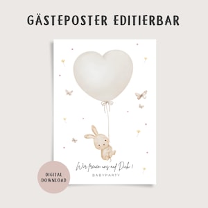 Könnte beinhalten: Digitaler Download-Poster mit einem herzförmigen Ballon und einem Hasen. Der Postertext lautet "Wir freuen uns auf Dich!" und "BABYPARTY". Das Design hat einen weichen Aquarellstil mit Schmetterlingen.