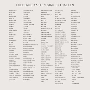 May include: A list of activities and events for children, including activities like baking, playing games, and going to the park. The list is in German.