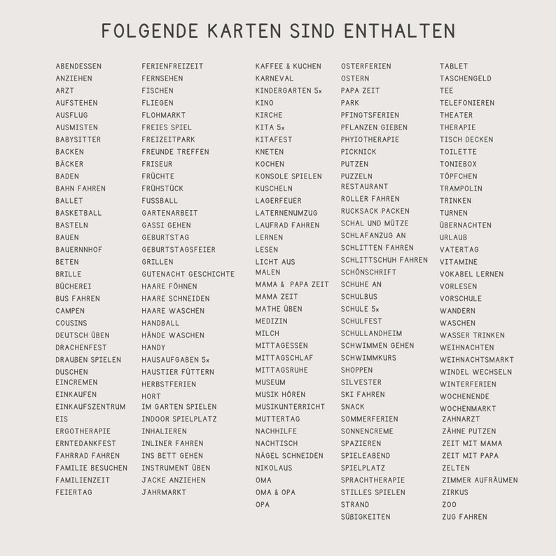 May include: A list of activities and events for children, including activities like baking, playing games, and going to the park. The list is in German.