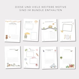 May include: A set of printable activity pages for kids featuring illustrations of a bear, a car, a police car, a crocodile, a windmill, a baking scene, and a plate of food. The pages have lines for writing and drawing. The text on the pages reads "Diese und viele weitere Motive sind im Bundle enthalten", "Laterne Laterne Sonne Mond und Sterne", "Wir machen einen Ausflug", "Das ist das allerleckerste Essen", "Der Besuch im Zoo", "Backen", "Wir hatten Besuch vom der Polizei", and "Auf dem Bauernhof".