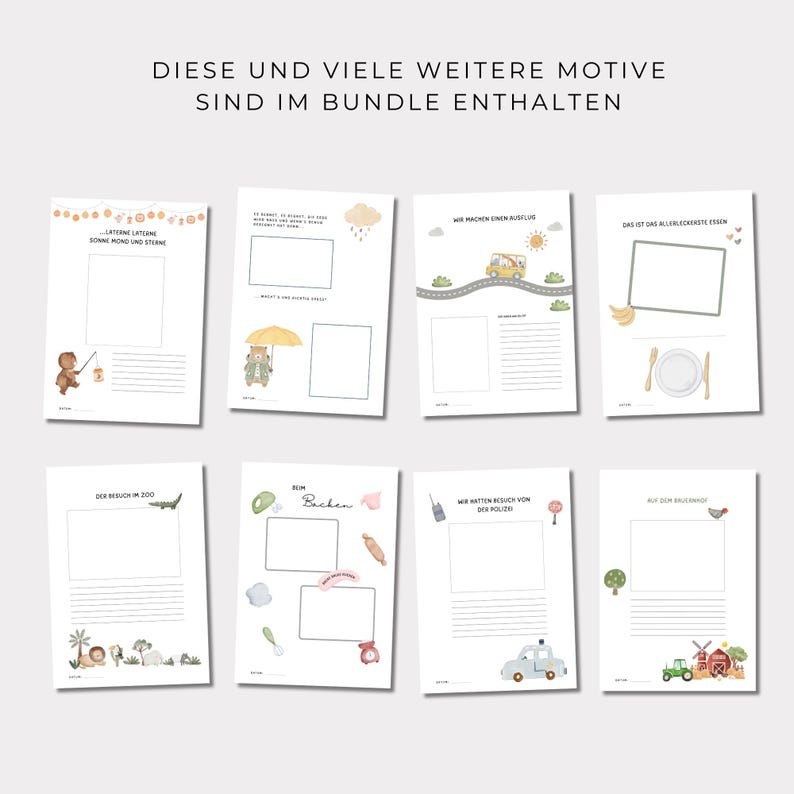 May include: A set of printable activity pages for kids featuring illustrations of a bear, a car, a police car, a crocodile, a windmill, a baking scene, and a plate of food. The pages have lines for writing and drawing. The text on the pages reads "Diese und viele weitere Motive sind im Bundle enthalten", "Laterne Laterne Sonne Mond und Sterne", "Wir machen einen Ausflug", "Das ist das allerleckerste Essen", "Der Besuch im Zoo", "Backen", "Wir hatten Besuch vom der Polizei", and "Auf dem Bauernhof".