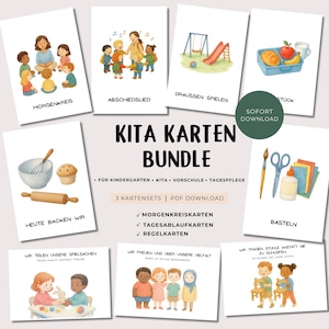 May include: A collection of illustrated KITA cards, depicting children in different activities. The cards feature German text, including "Morgenkreis" and "Basteln." The bundle includes 3 card sets and is available for instant download.