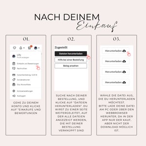 May include: A screenshot of a computer screen showing instructions on how to download files after making a purchase on Etsy. The instructions are in German and are divided into three steps. The first step is to go to your account and click on "Purchases and Reviews". The second step is to search for your order and click on "Download Files". The third step is to choose the file you want to download and click on the download button.