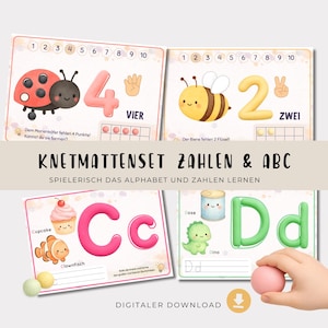 Puede incluir: Un conjunto de cuatro tapetes educativos para plastilina con números y letras. Los tapetes muestran ilustraciones de una mariquita, abeja, cupcake, pez payaso y dinosaurio, con el texto en alemán KNETMATTENSET ZAHLEN & ABC y otras palabras.