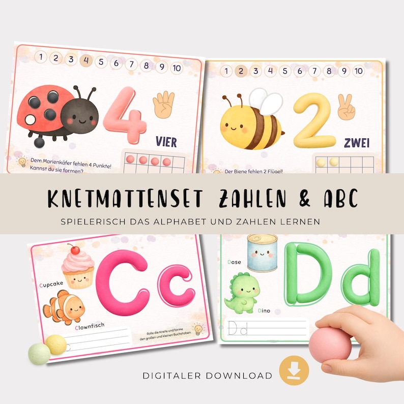 May include: A set of four educational activity mats for modeling clay featuring numbers and letters. The mats display illustrations of a ladybug, bee, cupcake, clownfish, and dinosaur, with German text including KNETMATTENSET ZAHLEN & ABC.