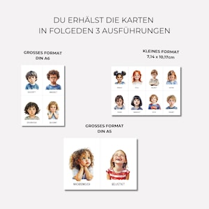 May include: A set of illustrated cards featuring children's faces expressing different emotions. The cards are available in three sizes: large (DIN A6), large (DIN A5), and small (7.14 x 10.17 cm).