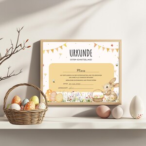 May include: A yellow certificate with a bunny holding a basket of Easter eggs. The certificate reads "URKUNDE OSTER-SCHNITZELJAGD Max HAT ERFOLGREICH AN DER OSTERSCHNITZELJAGD TEILGENOMMEN UND DABEI ALLE HOWEISE GEFUNDEN HERZLICHEN GL&Uuml;CKWUNSCH UND FROHE OSTERN DATUM: 20.04.2025 UNTERSCHRIFT:"