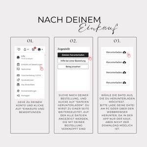 May include: A three-step instructional graphic titled NACH DEINEM Einkauf. Step 01 shows a user account menu with the option Eink&auml;ufe und Bewertungen. Step 02 shows a status page with a button labeled Dateien herunterladen. Step 03 shows multiple download buttons.