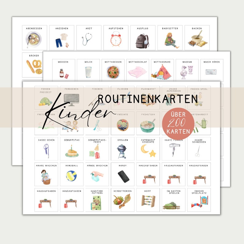 May include: A set of colorful illustrated cards with German words for daily routines. The cards feature images of activities like getting dressed, eating, playing, and more. The title "ROUTINENKARTEN" is at the top of the cards. The text "&Uuml;ber 200 Karten" is in a red circle.