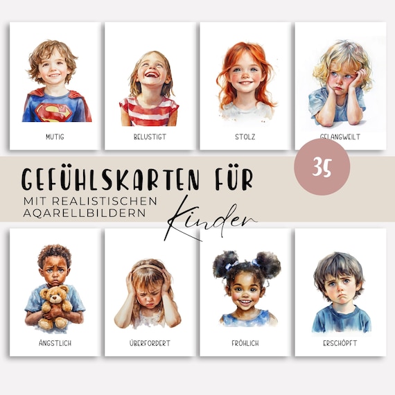 Gefühlskarten Kinder, Gefühle Kinder, Montessori Lernkarten, Aquarell Emotionskarten, Emotionen verstehen und entwickeln, digitaler Download