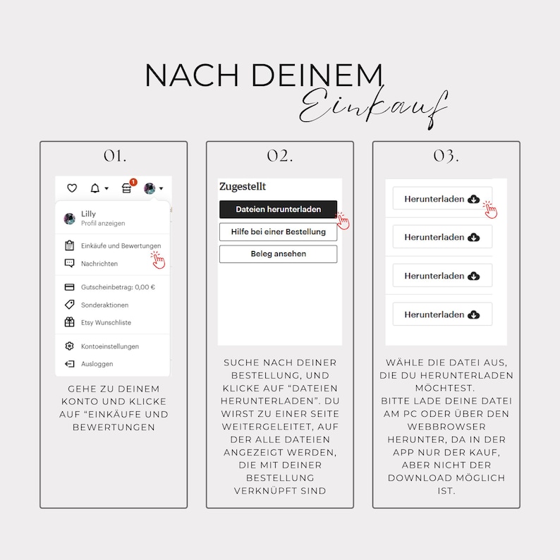 May include: A three-step guide on how to download files after making a purchase. The first step is to go to your account and click on "Purchases and Reviews". The second step is to search for your order and click on "Download Files". The third step is to choose the file you want to download.