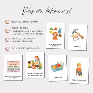May include: A set of illustrated cards with German text, including cards for daily activities like "What are we wearing today?" and "Breakfast." The cards are in PDF format and available for digital download.
