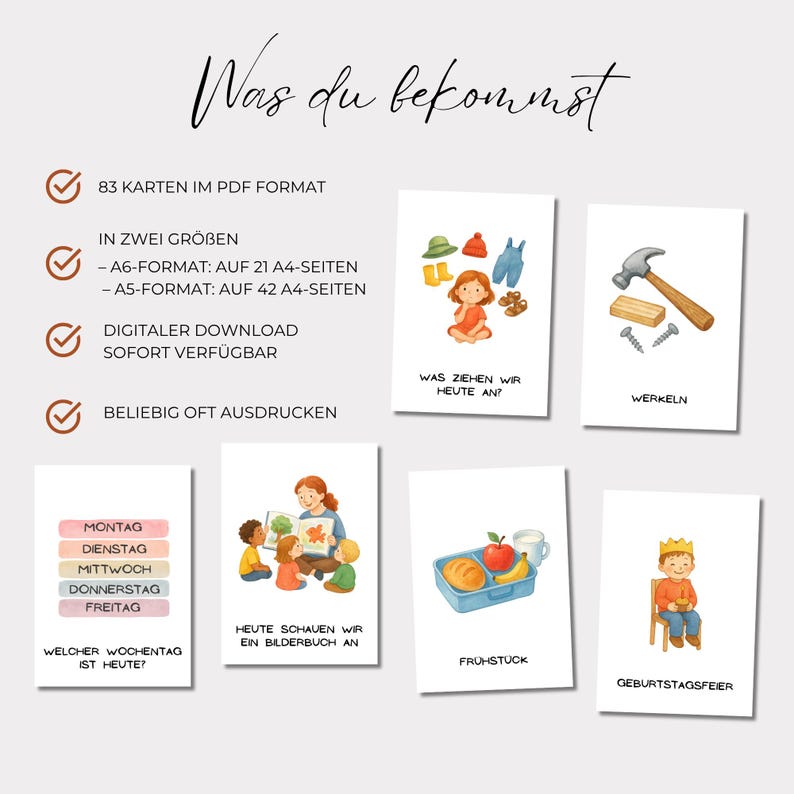 May include: A set of illustrated cards with German text, including cards for daily activities like "What are we wearing today?" and "Breakfast." The cards are in PDF format and available for digital download.