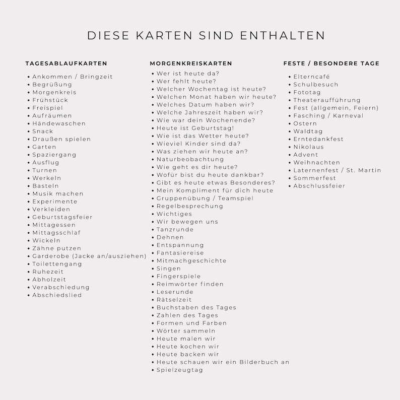 May include: A white card with black text lists various daily activities and special events in German. Categories include daily routines, morning circle activities, and special days. The text is organized in bulleted lists.