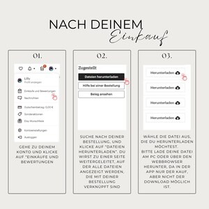 May include: A screenshot of a mobile app showing instructions on how to download files after making a purchase. The app has a blue and white colour scheme and features a heart, bell, and shopping bag icon in the top left corner. The text on the screen reads "NACH DEINEM Einkauf" which translates to "After your purchase" in English. The instructions are divided into three steps, labelled 01, 02, and 03. Step 01 instructs the user to go to their account and click on "Purchases and Reviews". Step 02 instructs the user to search for their order and click on "Download Files". Step 03 instructs the user to choose the file they want to download and click on the download button.