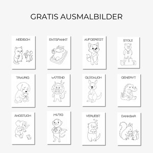 May include: Black and white line drawings of various animals expressing different emotions, such as happy, sad, and angry. The text "GRATIS AUSMALBILDER" is at the top of the image.